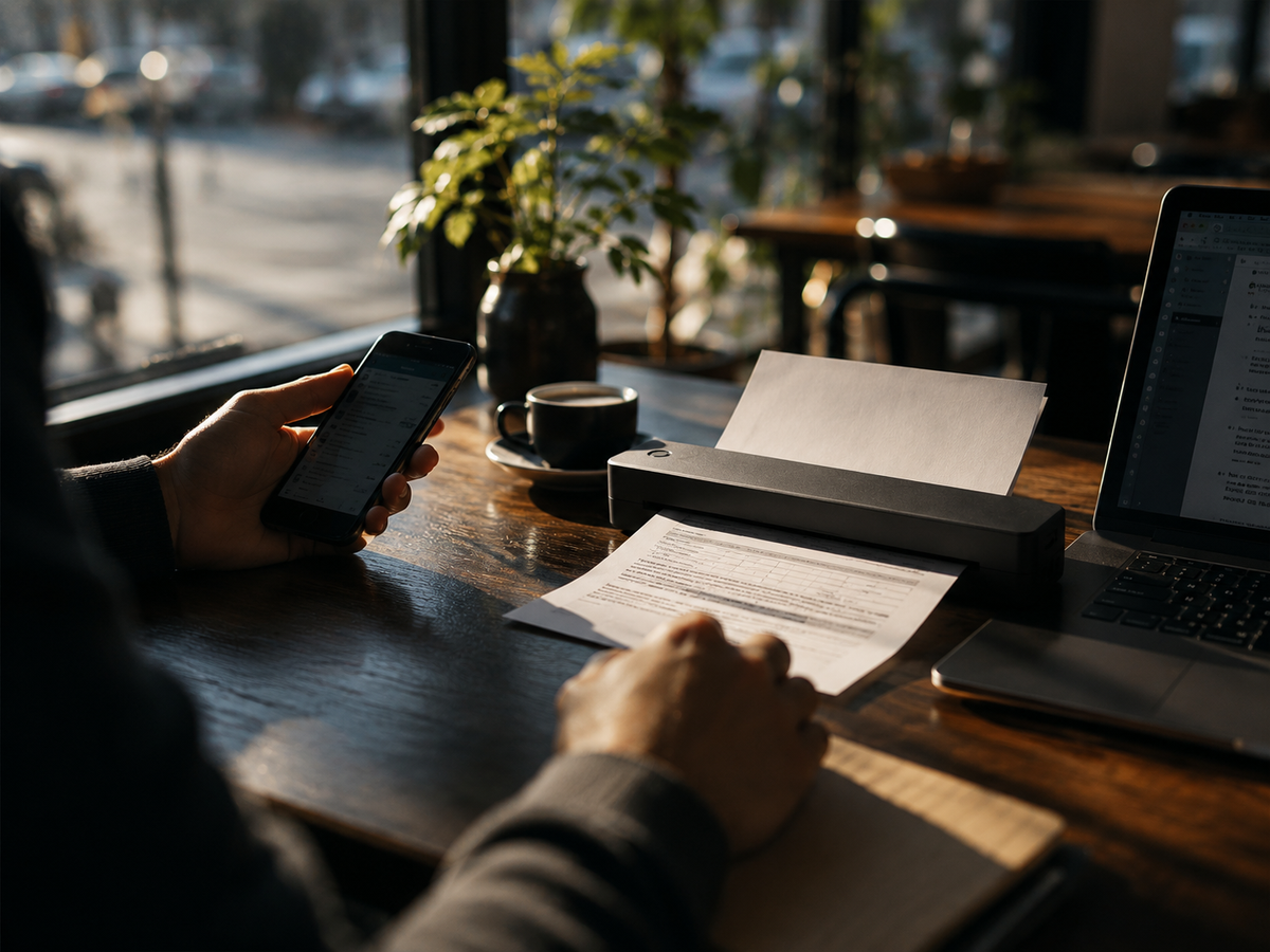 Impression d'un document depuis un smartphone au café avec la Nomad Print