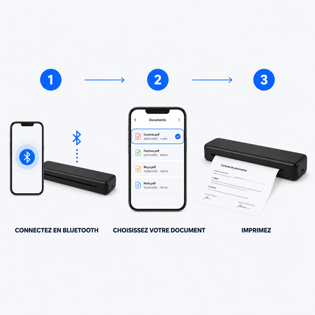 Infographie — 3 étapes : connectez en Bluetooth, choisissez votre document, imprimez