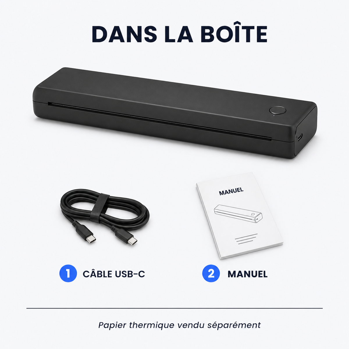 Contenu de la boîte : imprimante Nomad Print, câble USB-C, manuel — papier thermique vendu séparément