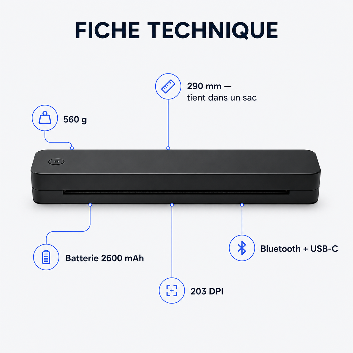 Fiche technique visuelle : 290 mm, 560 g, Bluetooth + USB-C, batterie 2600 mAh, 203 DPI